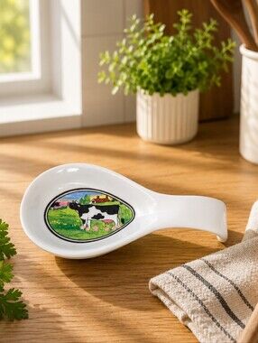 Vintage Country Cow Ceramic Spoon Rest Holder - Farmhouse Kitchen Counter Decor